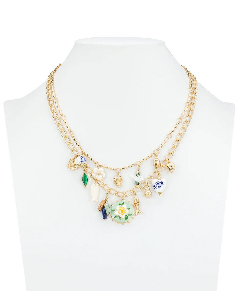 Charm Dangle Double Chain Necklace - Charming Collection - Image 3