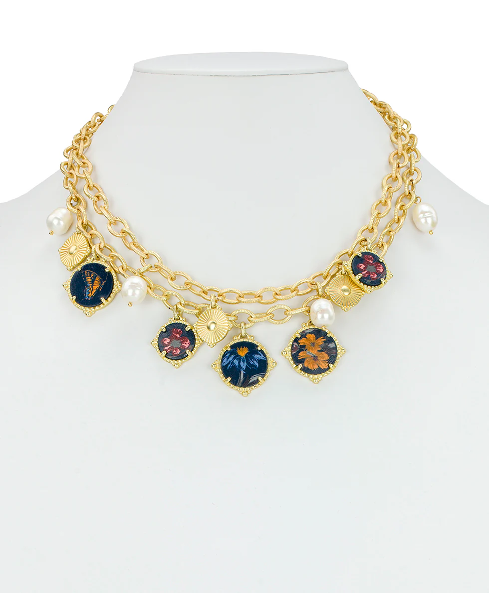 Double Chain Charm Necklace - Leather Inset - Image 2