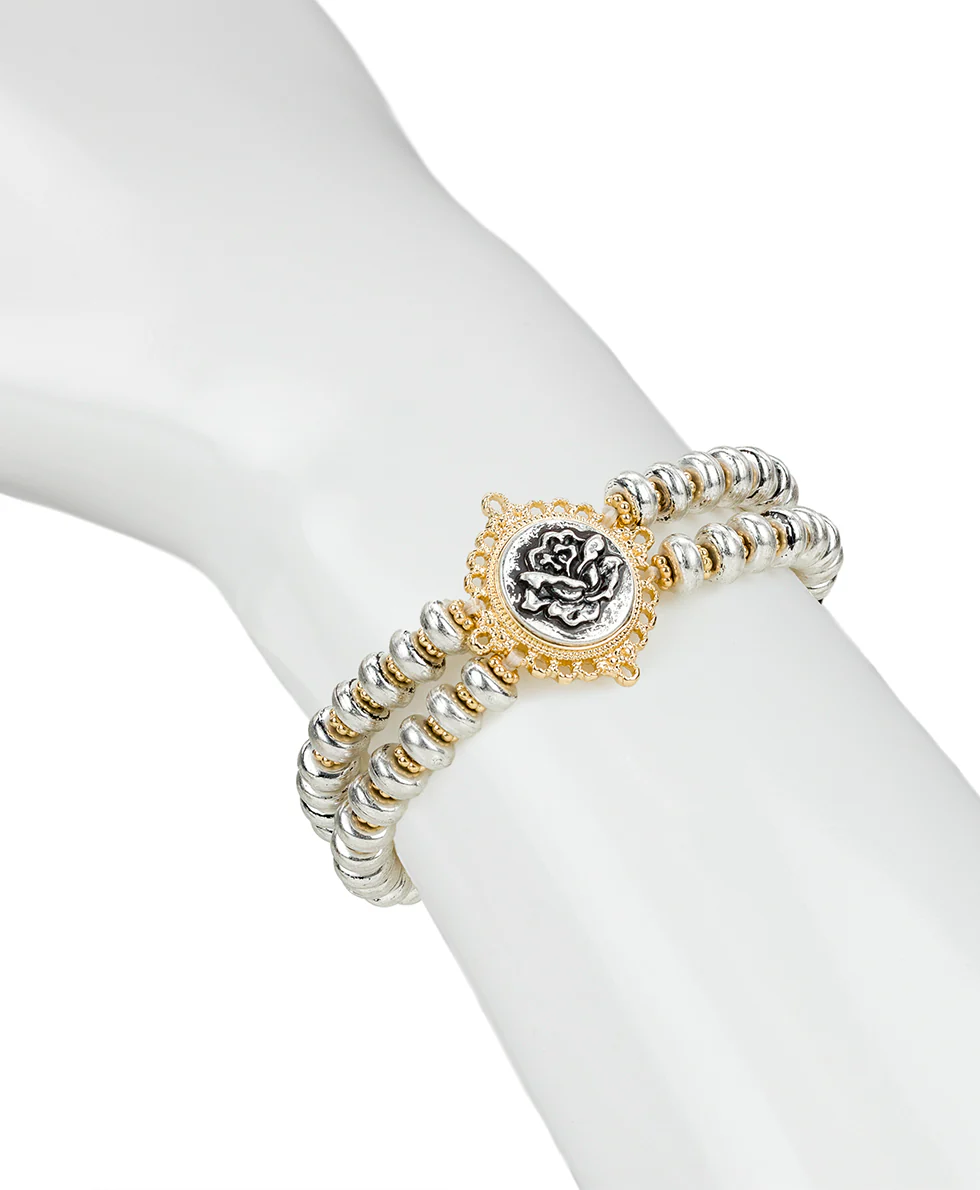 Double Stretch Bracelet - Carved Metal Rose - Image 2