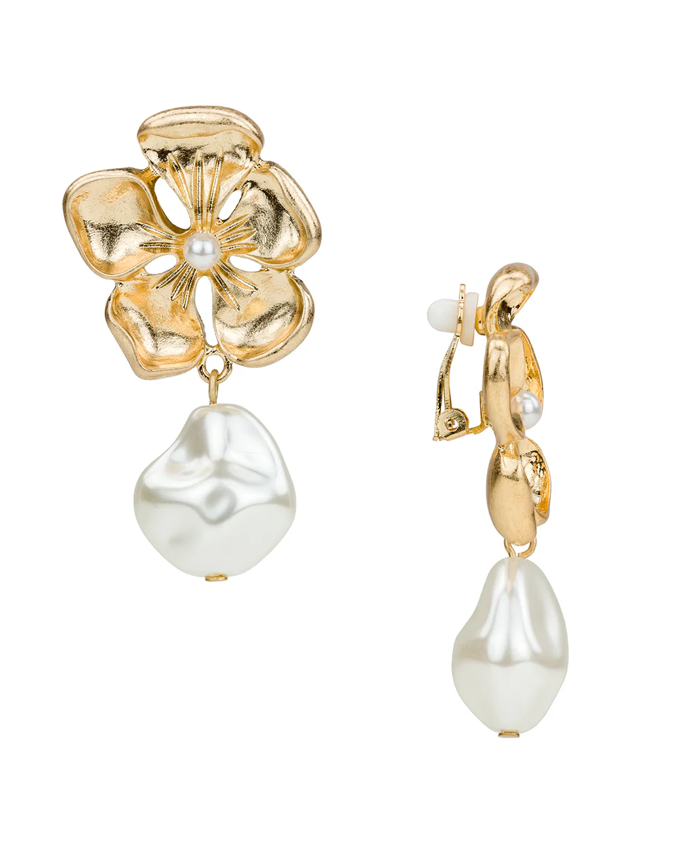 Large Flower Pearl Drop Clip Earrings - French Garden Collection