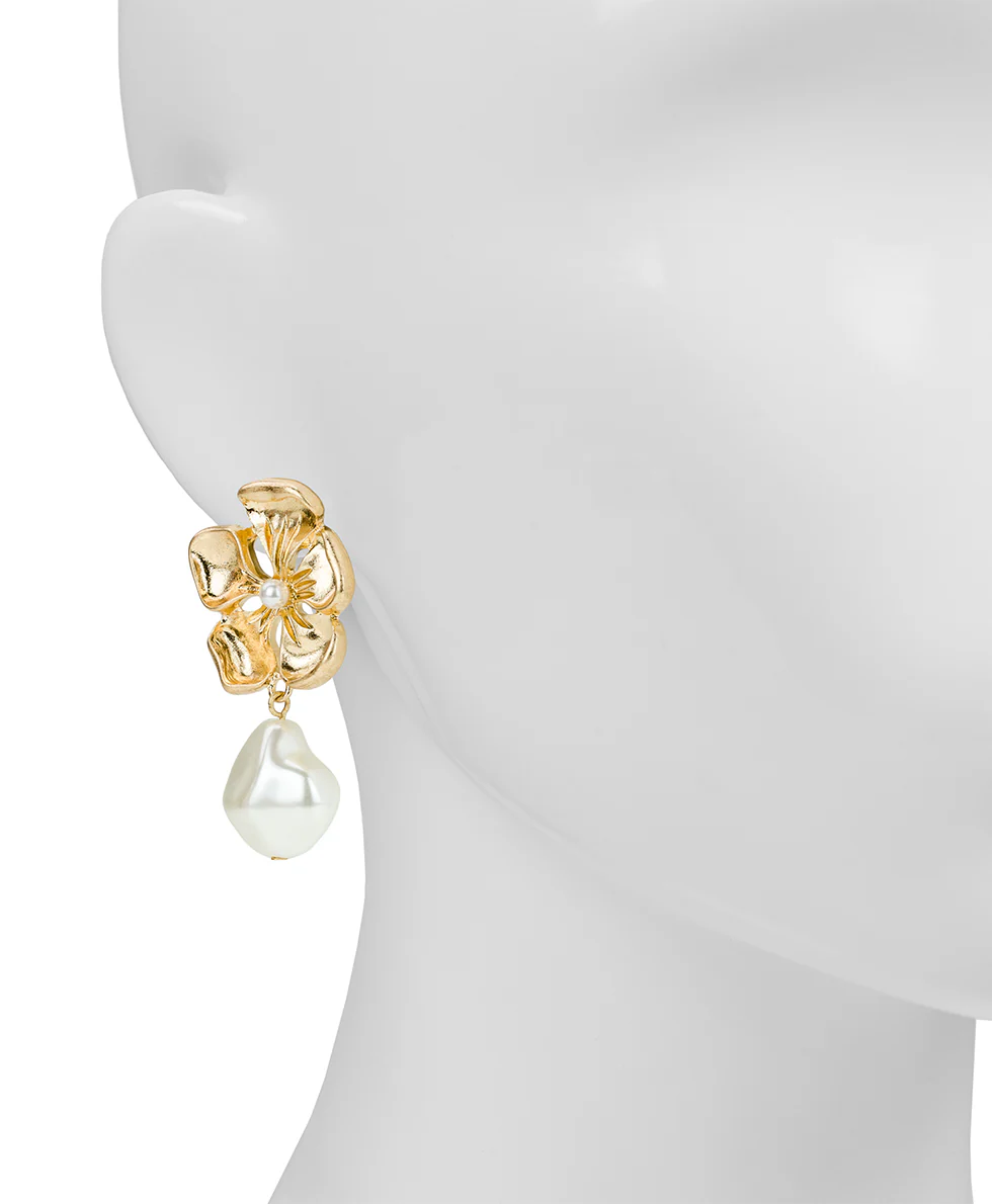 Large Flower Pearl Drop Clip Earrings - French Garden Collection - Image 2