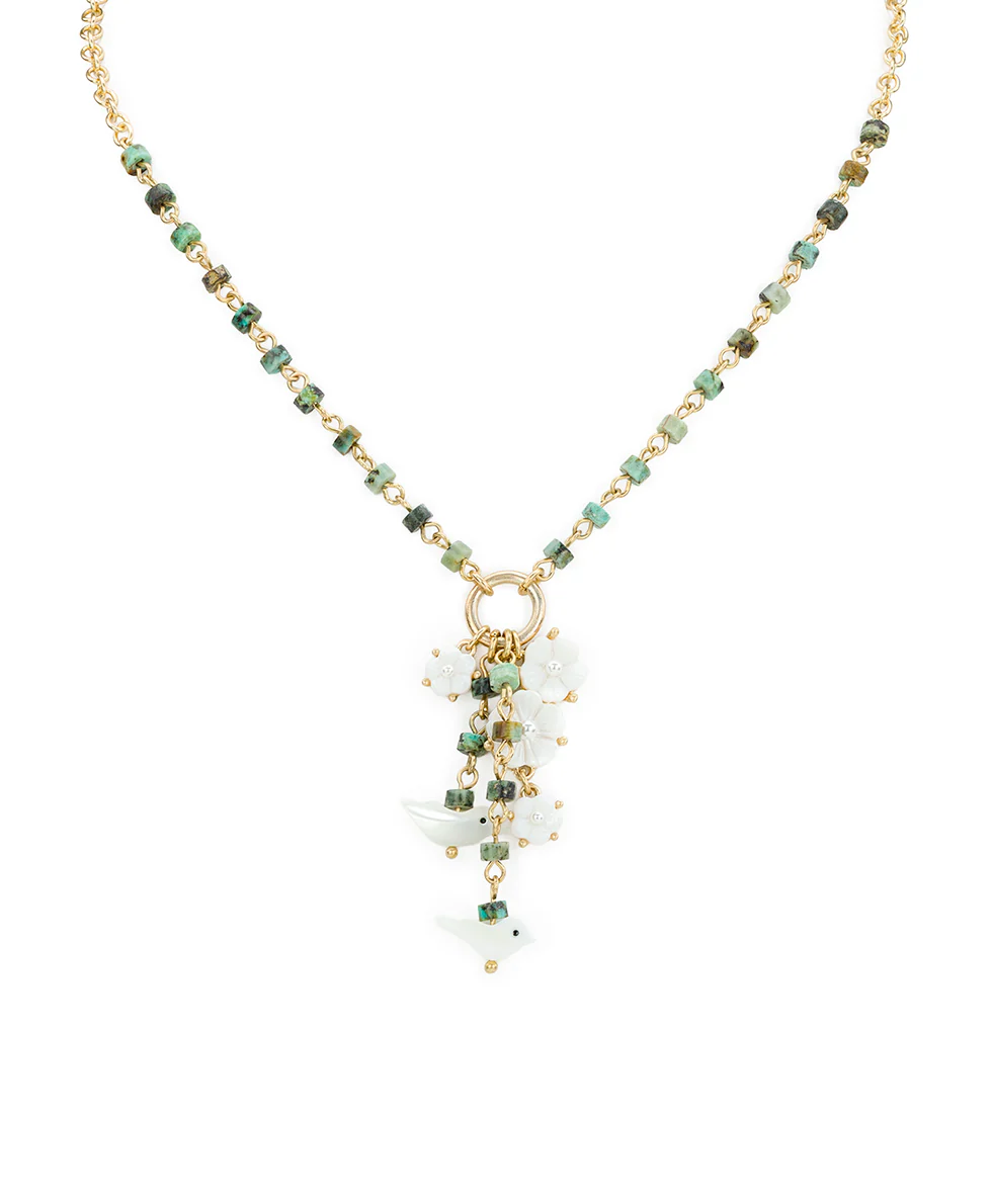 Long Charm Dangle Necklace - Mother of Pearl Bird Collection