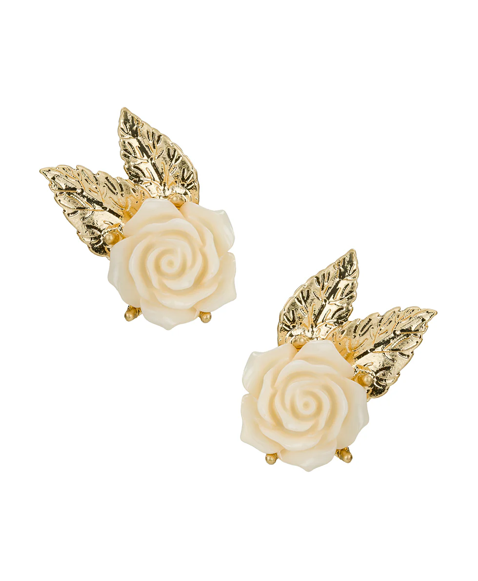 Rose with Leaf Post Earrings - Rose Garden