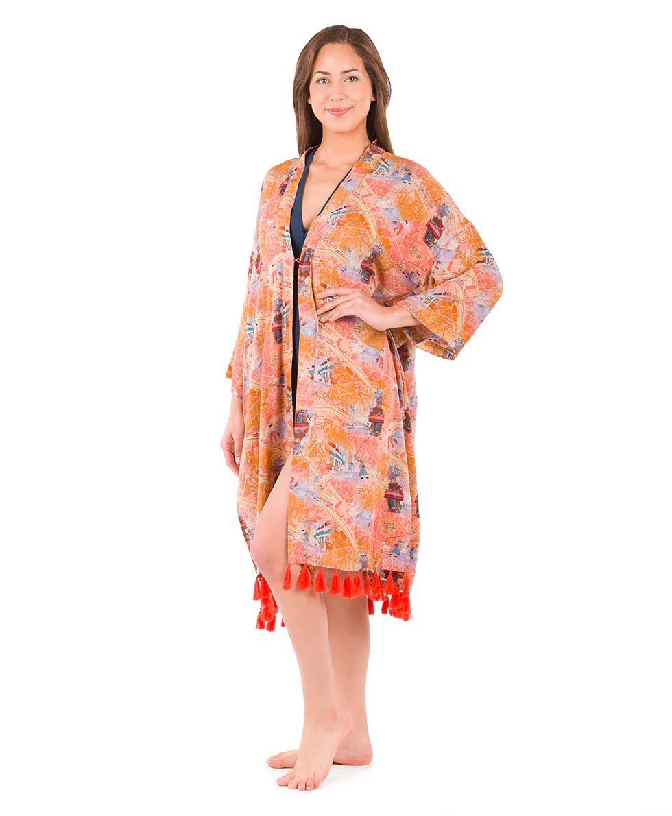 Ruana Cover‑Up with Tassels - Paris Map