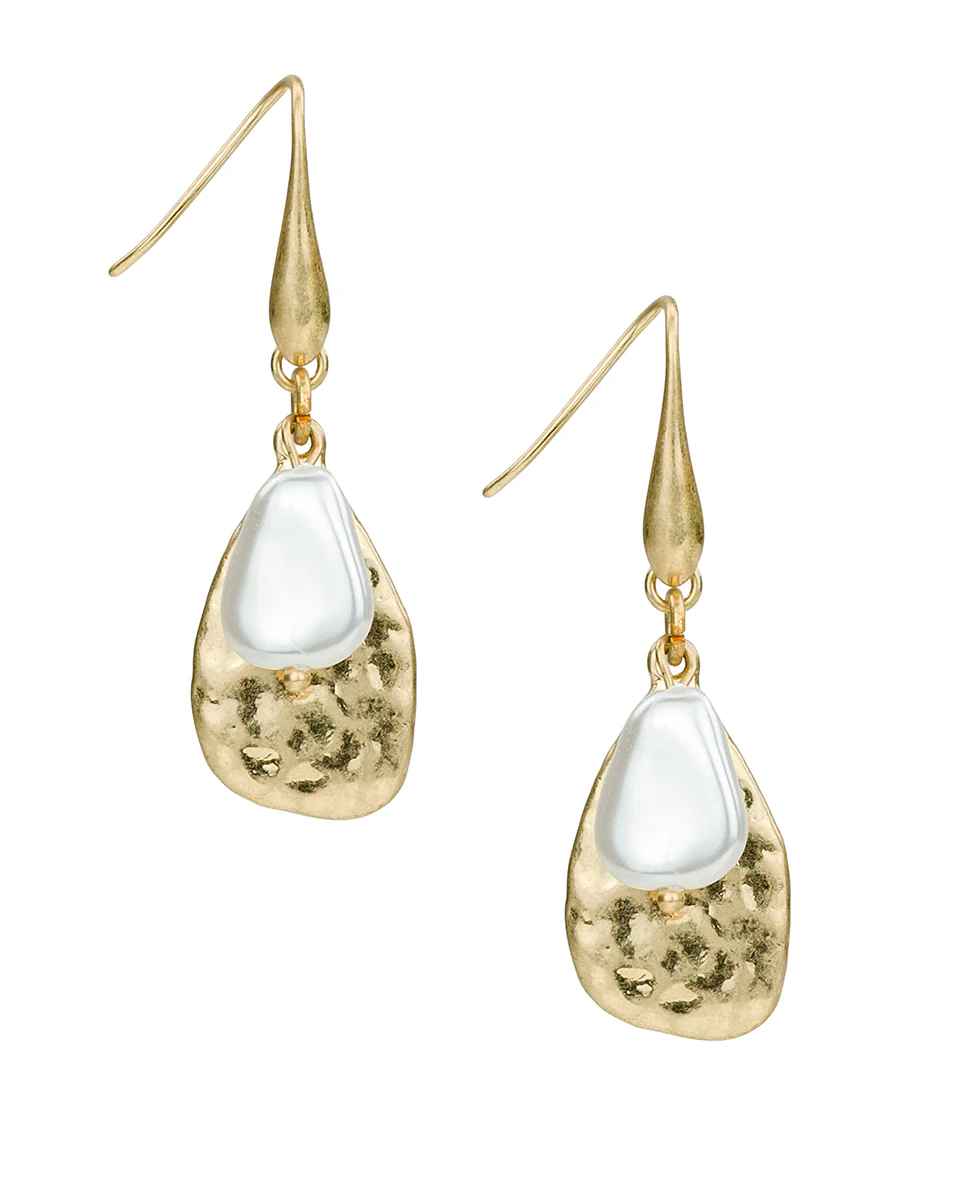 Tear Drop and Pearl Earrings - Hammered Ring Collection
